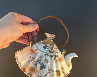 ON SALE rare teapot floral gold Asian porcelain teapot hand painted vintage gold teapot unique gold floral teapot fan shaped teapot