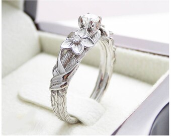 Branch Diamond Engagement Ring 14K Solid White Gold Diamond Ring Twig Elf Ring Sakura Tree Branch Engagement Rings