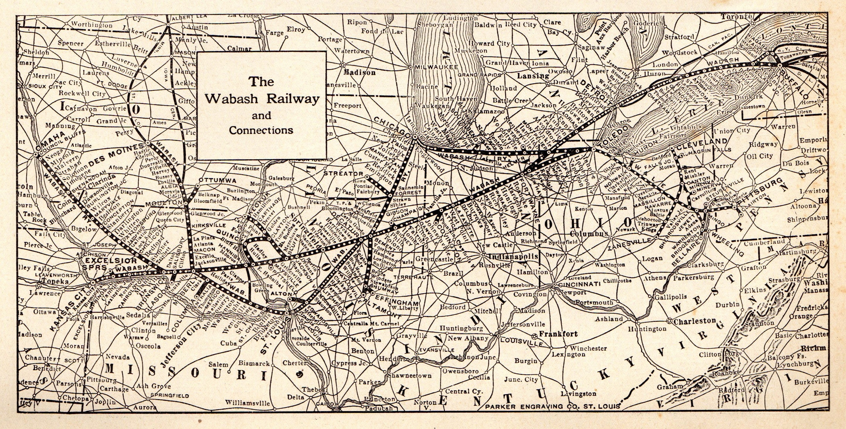 1924 Antique WABASH RAILROAD Map Vintage 1920s Railway Map