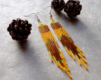 Orange Brown and Green, Modern Native American Beaded Earrings