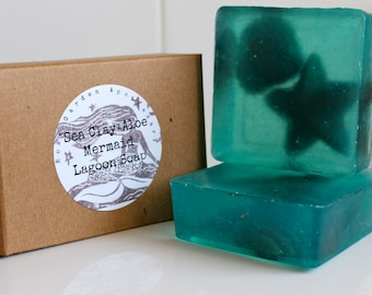 Sea Clay +Aloe Mermaid Lagoon Soap>Sea Clay>Aloe>Olive Oil>Sparkly Turquoise Soap>Part Favor Gift Box Soap