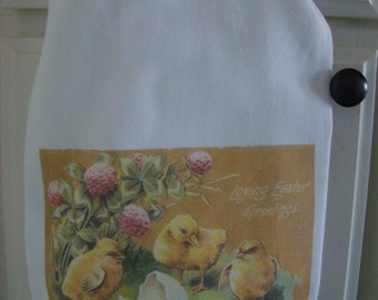 Easter tea towel -Vintage postcard - Baby chick and Ducks with Eggs flour sack towel - Kitchen towel