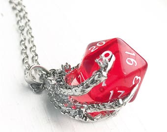 D20 Dungeons and Dragons Inspired D20 Dice Dragon Claw Pendant Necklace Red Polyhedral Gaming Nerd Lover Gift Dungeon Master Gamer Gift
