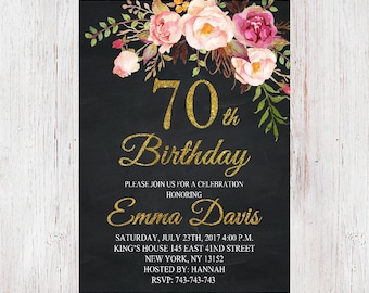 70th Birthday Invitation,Floral Women Birthday Invitation, Chalkboard Birthday Invite, Womens 70th invite, 50th, 60th, 80th, 90th 042
