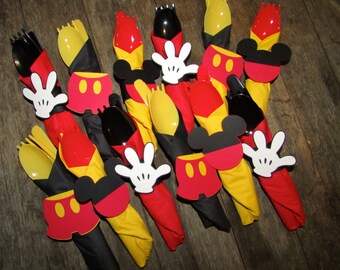 Set of Mickey themed Silverware set, utensil set, napkins, napkin rings MIckey Mouse Birthday party decor