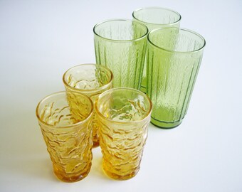 Vintage Drinking Glasses 3 Juice 3 Tumblers Avocado Green and Lido Milano Anchor Hocking Amber Mid Century Textured Glass Set of 6