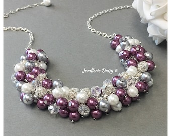 Bridesmaid Gift Plum Necklace Pearl Necklace Grey and Plum Jewelry Necklace Bridesmaid Necklace Maid of honor Gift Idea for Women Wedding