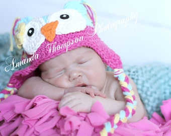 Baby Girl Owl Hat, Aqua and Pink Owl Hat, Crochet Owl Hat, Baby Owl Hat, Crochet Baby Hats, Owl Hats for Girls, Hats for Babies
