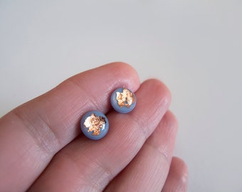 Tiny Blue Gray Copper Stud Earrings - Hypoallergenic Titanium Posts