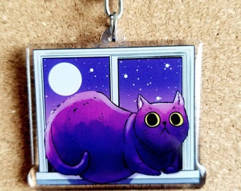 Night Watch cat keychain, cat and plants acrylic key charm, 2 inch double side acrylic keychain, purple cat & succulents, cactus cat charm