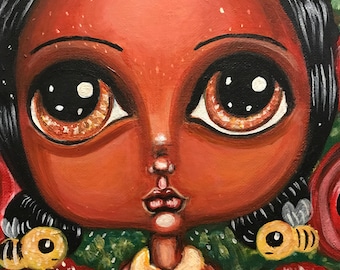 Sale! Beautiful big eyed girl painting flowers and bees cute kawaii room decor