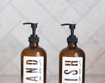 Amber Glass Hand and Dish Soap Dispenser Set