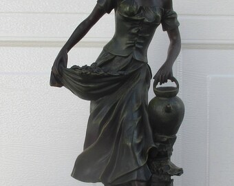 Barefooted Young Lady Girl Carrying Picked Flowers and Carrying Water Jug Statue