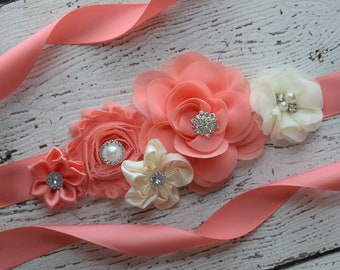 Flower Sash, ivory coral Sash , flower Belt, maternity sash, flower girl sash, baby shower sash