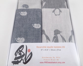 Hedgehog / Penguin bandana bibs in gift box, baby boy bib, baby girl gift, baby shower gift