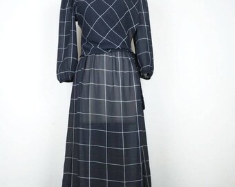 Vintage Dress Black White Window Pane Plaid Sheer Womens 7/8 S 80s Charlee Allison for Eljay