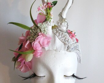 Flowers Antler Headdress Flower Fairy horns Faun pink withe flowers headdress forest Flower Crown Viktorian Mythical