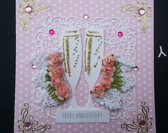 Champagne Glasses pink Happy Anniversary Handmade Card celebrate polka dots