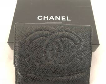 reserved CHANEL Vintage CC Logos Compact Wallet Purse Caviar Skin Leather Black Authentic