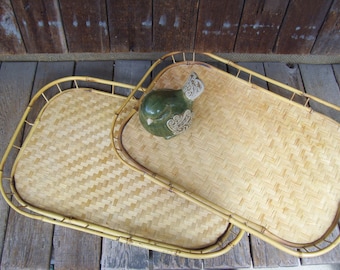 Rattan Serving Trays,Bamboo Tray,Vintage Wicker Tray,Rattan Tray,Woven Trays,Tiki Bar Serving Trays Herringbone Pattern