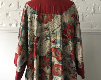 Vintage Antique Original Oriental Kimono Cotton Block Printed and Hand Painted