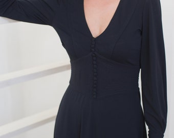 Women navy blue dress, deep v dress, midi navy dress, vintage dress, retro elegant dress
