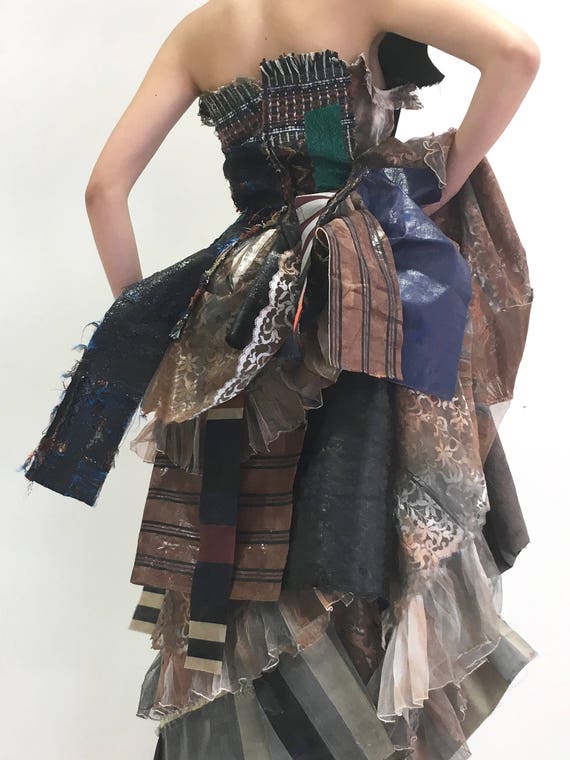 Art Work Dress Long Patchwork Dress LOLA DARLING Recycling of sampling of "Bonotto" Weaving Italian Industry Unique Sustainable Clothing