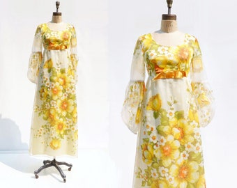 70s Maxi Dress Floral Maxi Dress Yellow Dress 1970s Maxi Dress Chiffon Maxi Dress s