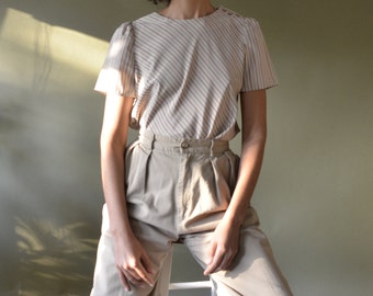 80s silky taupe puff sleeve blouse with diagonal stripes // xs-m