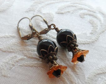75% Off Clearance Sale, Lily Blossom Earrings, Vintage Beads, Black and Orange