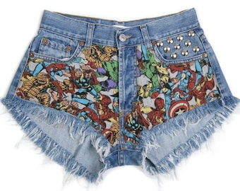Marvel shorts Superheroes denim shorts High waist waisted patched patches jeans with avengers cut off theme patched XS size 26 waist