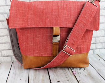 Lulu Large Flap Messenger Satchel - Red Denim and PU Leather READY to SHIP Travel Business Nappy Bag Stroller Attachment