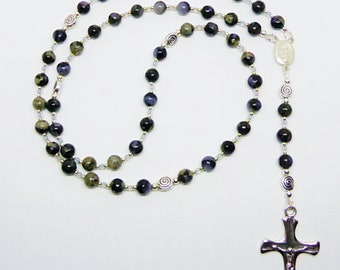 Catholic Five Decade Rosary with Blue Llanite Quartz, Aquamarine and Sterling Silver