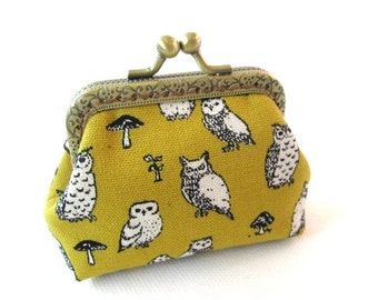 Mustard yellow frame coin pouch cotton linen fabric owl print, bronze kiss lock clasp purse metal frame purse