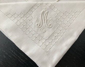 Vintage Monogrammed Handkerchief, Letter M, Hand Rolled Hem, Irish Linen, Embroidered, Bridal Shower, Bride Gift, Wedding Day Something Old