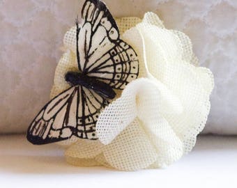 50% OFF // Small Rustic White Burlap Hair Flower with White Monarch Butterfly Clip // Cute Hair Care Accessories