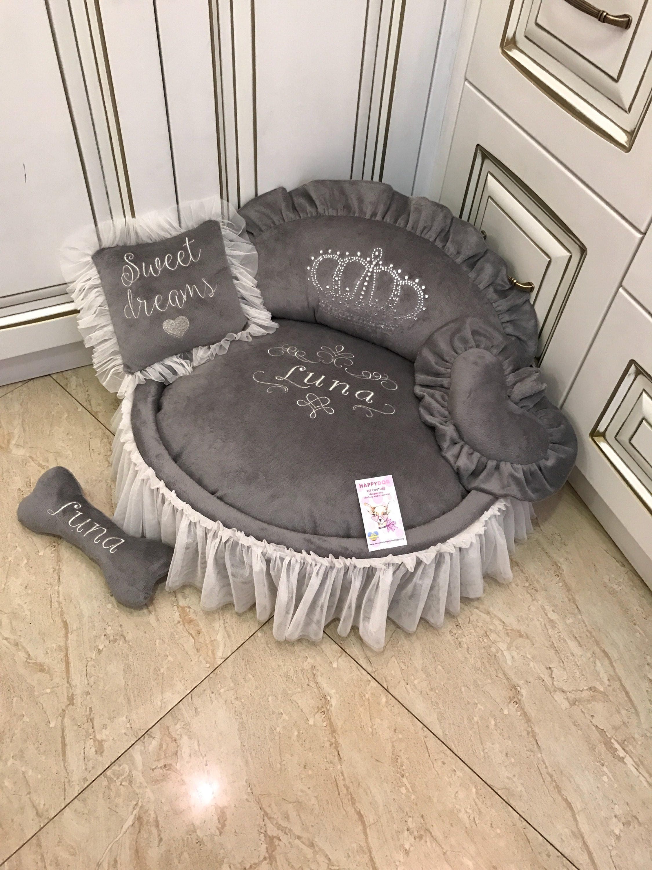 Grey princess bed with crown sparkles Designer pet pet Cat bed