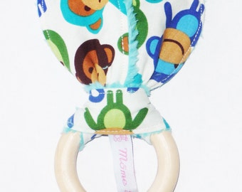 WISTY BOY - Baby Rattle Bunny ear teething ring rattle monkeys - wooden baby teething ring