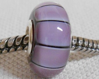Large Hole Glass Lampwork Bead European Charm Bead Purple Color Stripes Silver Cored