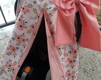 Car seat Canopy Peach Coral Floral Cover with Large Bow carseat canopy / car seat cover / carseat cover / car seat blanket