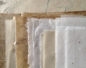 Full sheets Naturals mixed textured paper, Bhutanese, Nepalese, Indian handmade paper sample pack, Thai Mulberry, Japanese tissue