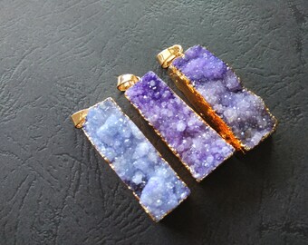 10pcs Purple Druzy Agate Pendant Rectangle 13x37mm- Gold plated-SIMILAR AS Pictured