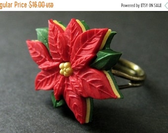 SUMMER SALE Poinsettia Flower Ring. Christmas Ring. Red Flower Ring. Adjustable Ring in Bronze. Christmas Jewelry. Handmade Jewelry.