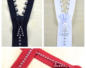 Rhinestone Zipper 26" Rhinestone Zipper / 24" Rhinestone Zipper Separating End Black, Red and White 24" and 26" and 28" Formal