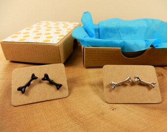 Bone Earrings, Black Bone, Silver Bones, Bone Studs