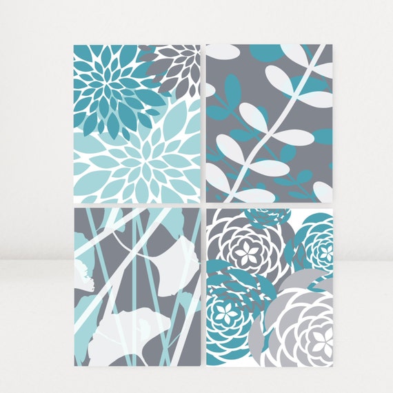Teal and Gray Art Print Set Home Decor Gallery Art Modern Art