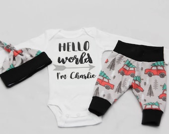 Christmas Newborn Coming Home Outfit, baby boy coming home outfit Red Truck, Christmas tree-Jersey knit Leggings, Knot Hat, and Bodysuit