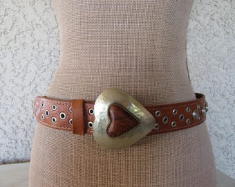 Moroccan Leather Belt Etched Brass Buckle Hippie Boho Ethnic Flair WovenStudded Grommet Concho Fits 31 to 38" Waist Large XL