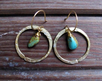 Redwood Earrings - Turquoise or Moss Agate Earrings - Moss Agate Earrings - Turquoise Earrings - Rustic Circle Earrings