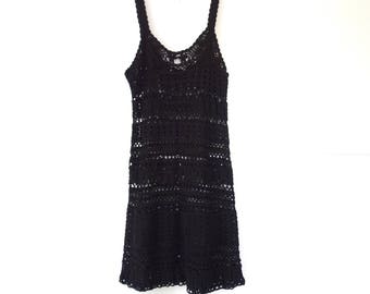 1970s Black Crochet Midi Dress,70s Crochet Summer dress, Boho Midi Dress